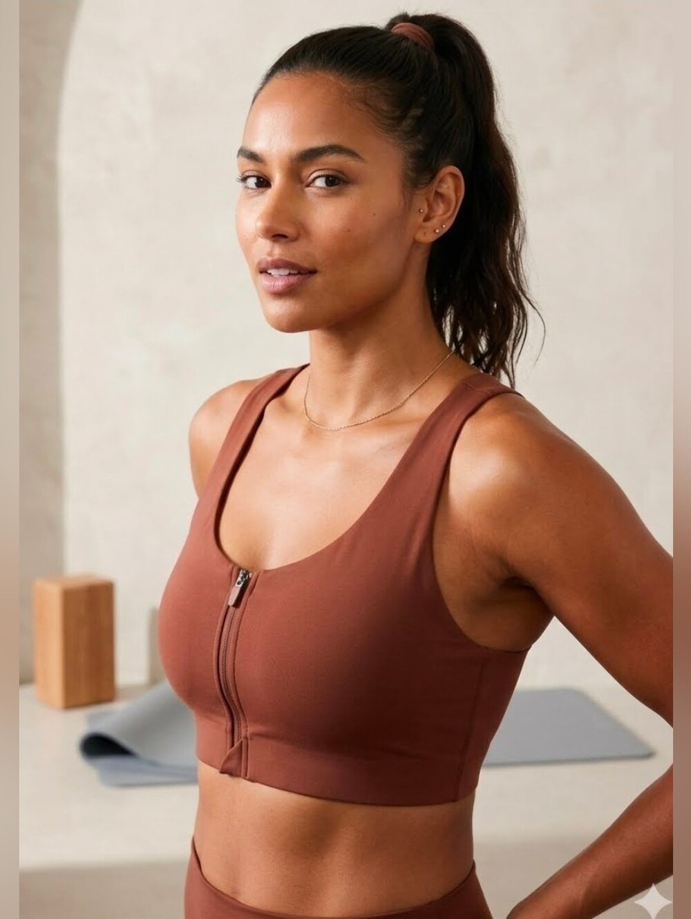 Zyia Chocolate Brown Zip Front Sports Bra Size Medium M